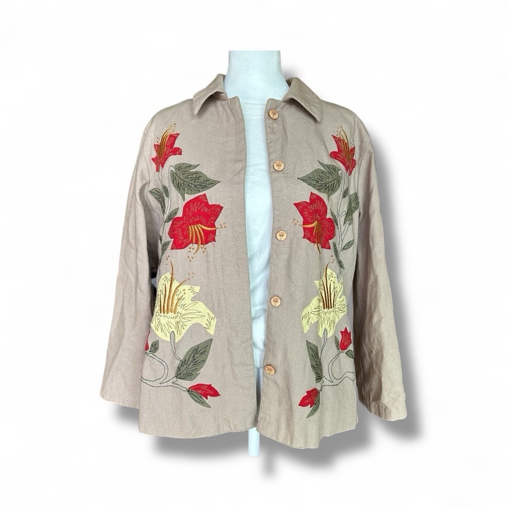Hearts of Palm‎ Women's Sz 10 Beige Floral Embroidered Hidden Button Jacket Boho